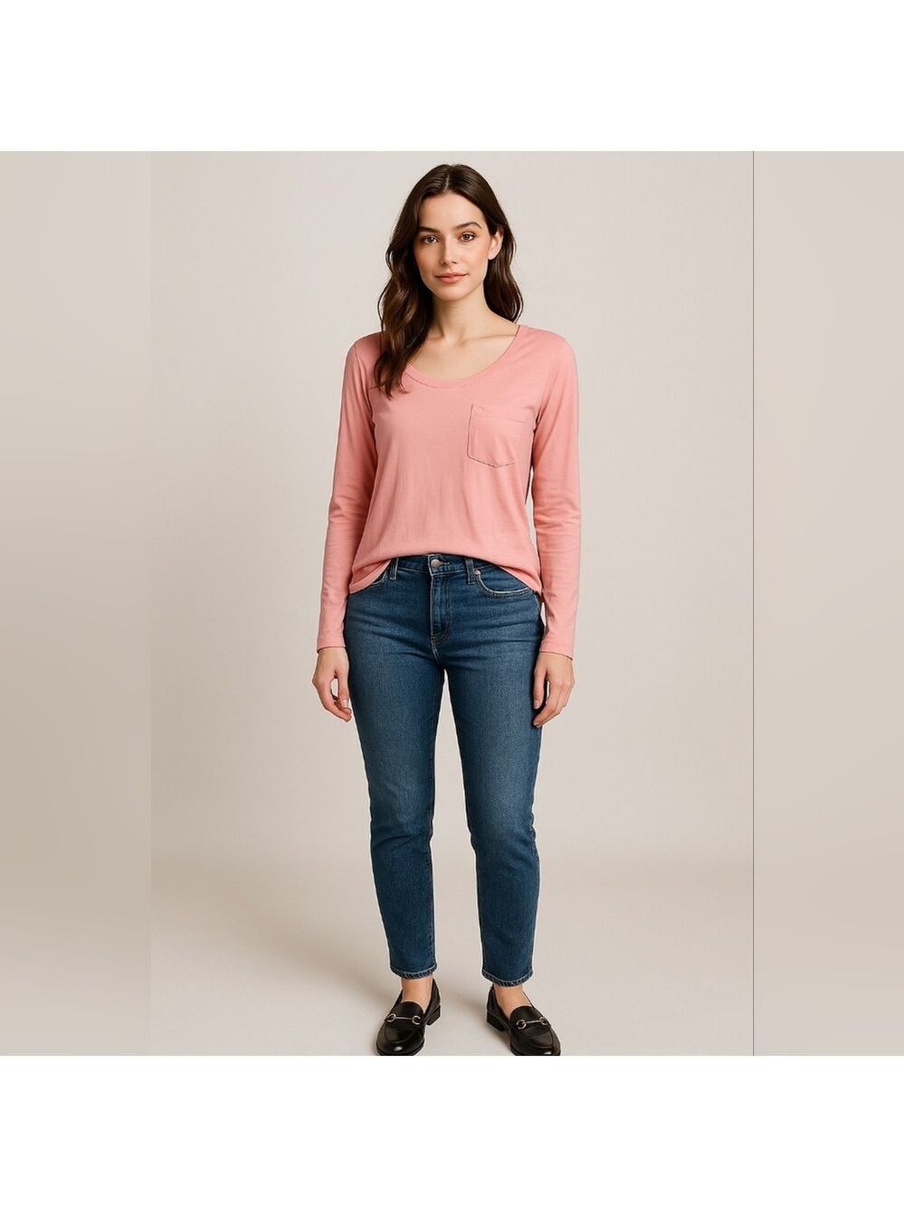 Sundance Catalogue Scoop Neck Long Sleeve Pocket Tee Coral Accent Seams XL
